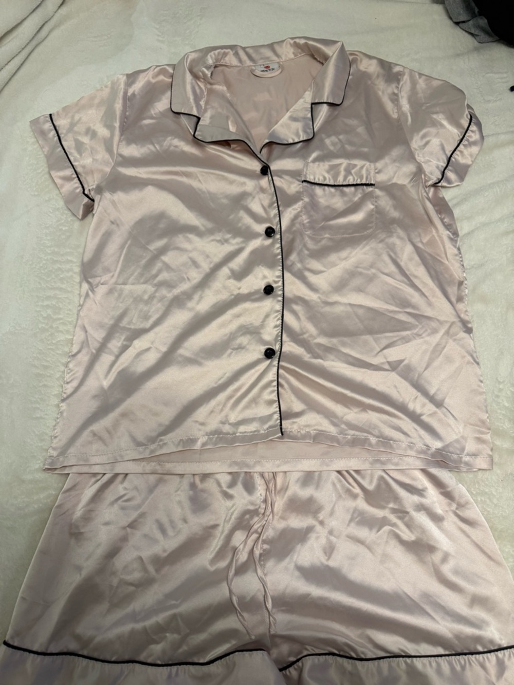 Short Sleeve Satin Pajama Set in Light Pink with Black Trim